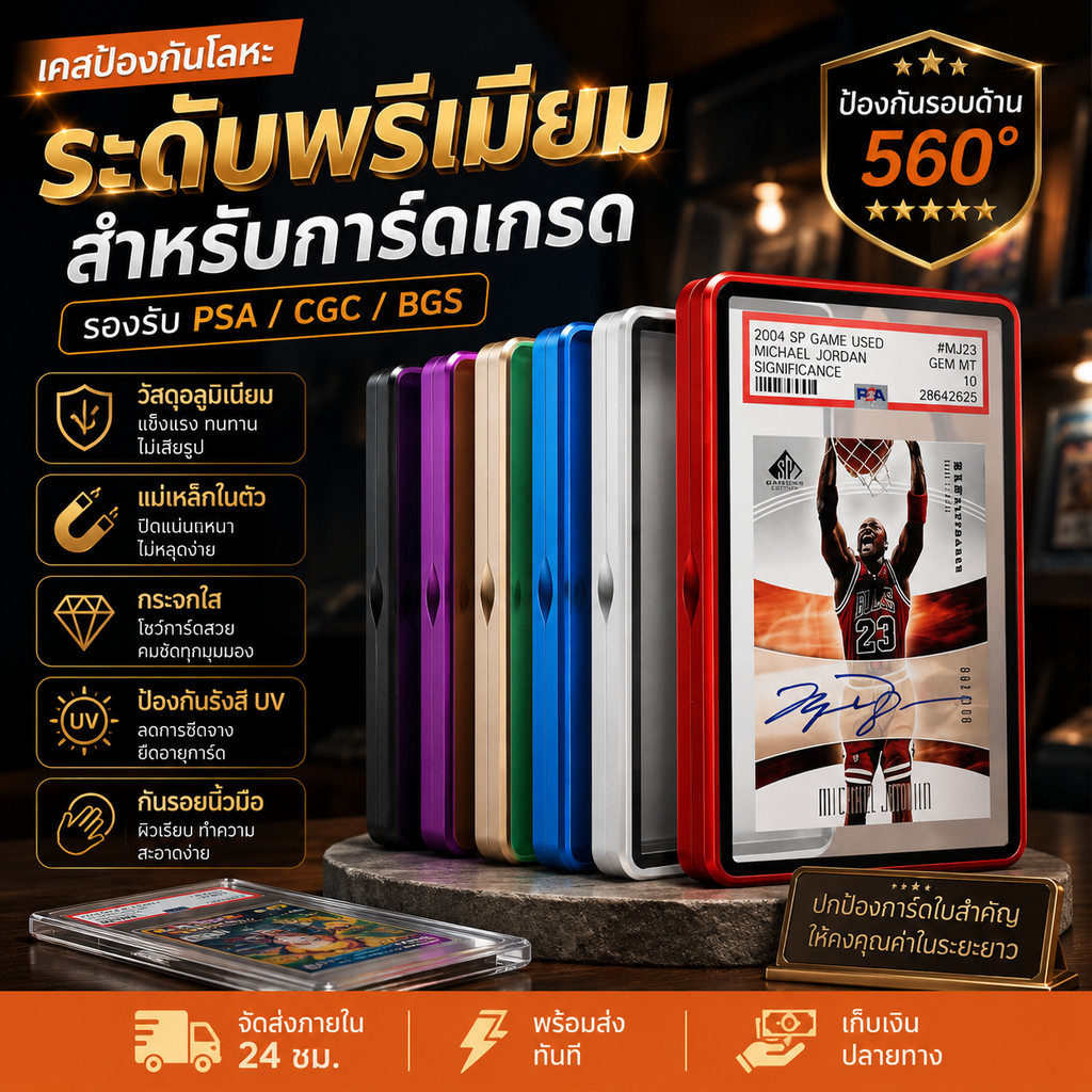 กรอบโชว์การ์ด เคสอลูมิเนียมแม่เหล็ก กระจกสองด้านใส 35PT กันรอยนิ้วมือ ปกป้องการ์ดสะสม PSA CGC BGS