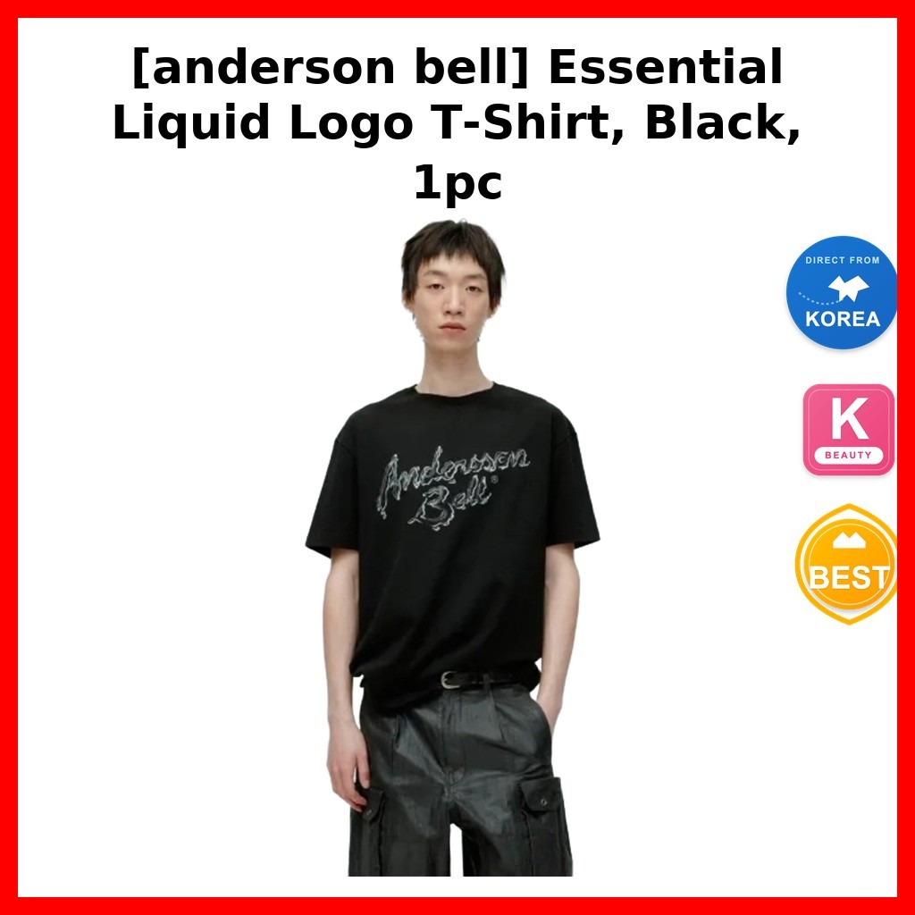 แฟชั่น [anderson bell] เสื้อยืดโลโก้ของเหลวที่จําเป็น สีดํา 1 ชิ้น / เสื้อยืดเกาหลี / เสื้อยืดสีดําม