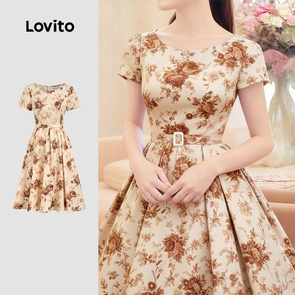 Lovito ชุดเดรสผู้หญิงสําหรับฤดูใบไม้ผลิ/ฤดูร้อน ลายพิมพ์สบายตา มีเข็มขัดและซิป LBL34022