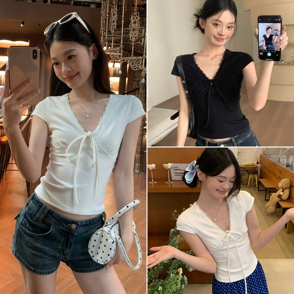 Hotgirl พร้อมส่ง เสื้อยืดผู้หญิงแขนสั้นสไตล์เกาหลี ดีไซน์เสื้อคอวีผูกต่อด้วยลูกไม้ สไตล์สลิมสั้น หวานและเซ็กซี่