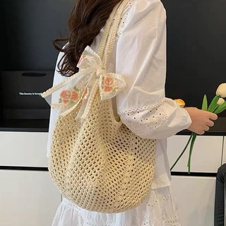 กระเป๋าชายหาดทอกับลูกไม้กุทัณฑ์ / กระเป๋าโท้ทโครเชต์กลวงความจุขนาดใหญ่