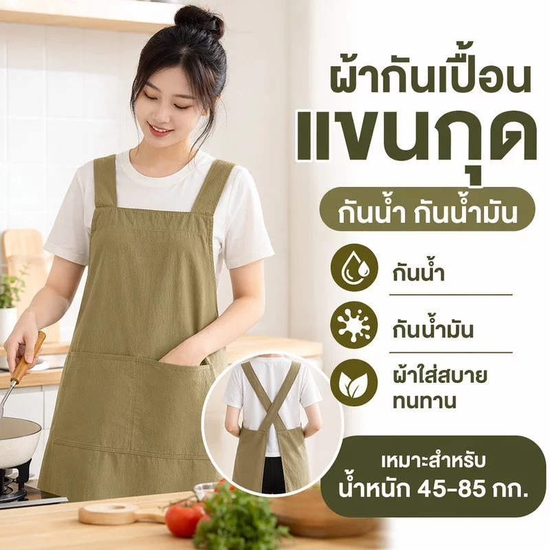 ผ้ากันเปื้อนกันน้ำ แบบสวมข้ามไหล่ กันคราบน้ำมัน มีช่องใส่ของ ผ้ากันเปื้อนทำครัว ร้านกาแฟ ร้านอาหาร