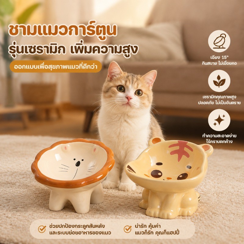 ชามแมว ชามเซรามิคสำหรับสัตว์เลี้ยง ปกป้องคอ การ์ตูนน่ารัก เพิ่มความสูง ชามสัตว์เลี้ยง