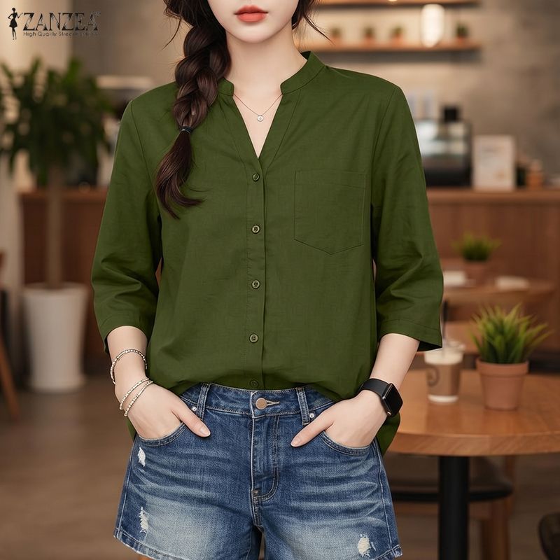 ZANZEA بلوزة نسائية كورية سادة بياقة V وأزرار — صورة 5