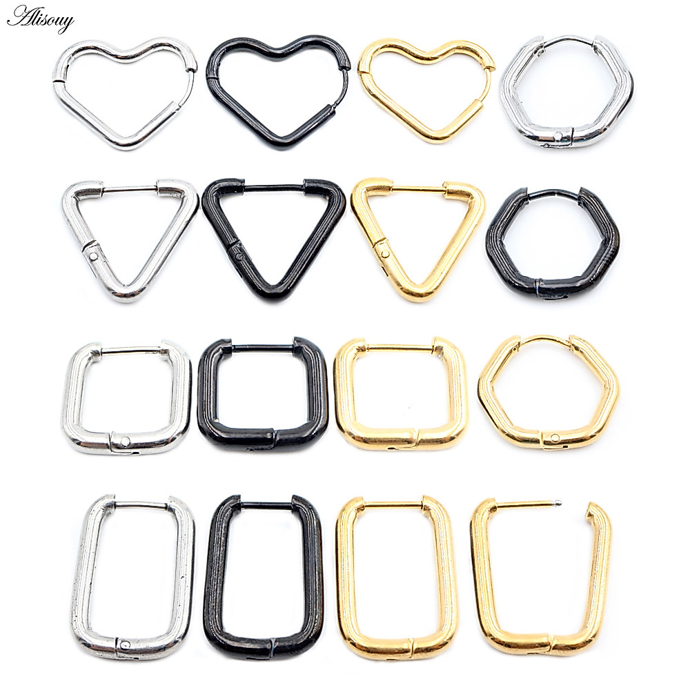 Alisouy 2PCS Punk สแตนเลสหัวใจสามเหลี่ยมสแควร์สี่เหลี่ยมผืนผ้าหกเหลี่ยมหู Helix คลิป Huggie ผู้หญิงผู้ชาย Unisex Hoop ต่างหู