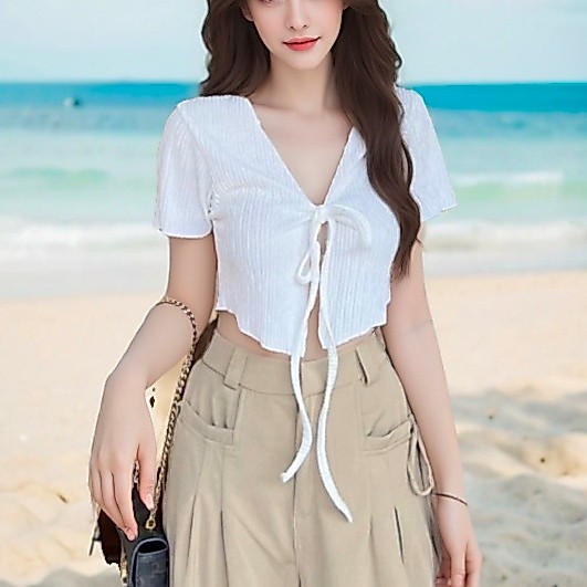 suysuy พร้อมส่ง เสื้อครอป y2k เอวลอย สายฝอ ผูกโบว์ ผ้าร่อง แขนสั้น ผ้ายืด ใส่สบาย แฟชั่น ผู้หญิง
