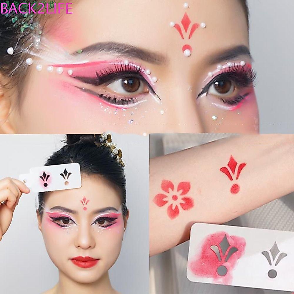 Back2life แม่แบบแต่งหน้าหน้าผาก แบบกลวง ลายดอกไม้ รอยสักชั่วคราว พร้อมพัฟแป้ง ลายฉลุ กันน้ํา DIY สําหรับผู้หญิง