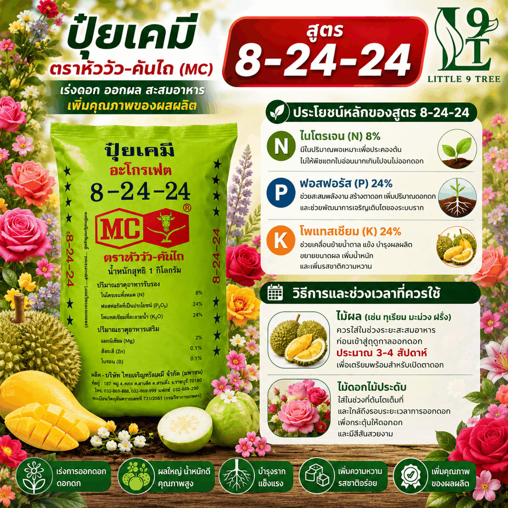 ปุ๋ยเคมี สูตร 8-24-24 ตราหัววัว 1 kg. เร่งดอก เร่งผล ใส่ผัก ผลไม้ ปุ๋ยไม้ดอกไม้ประดับ L9T Little Tree Factory