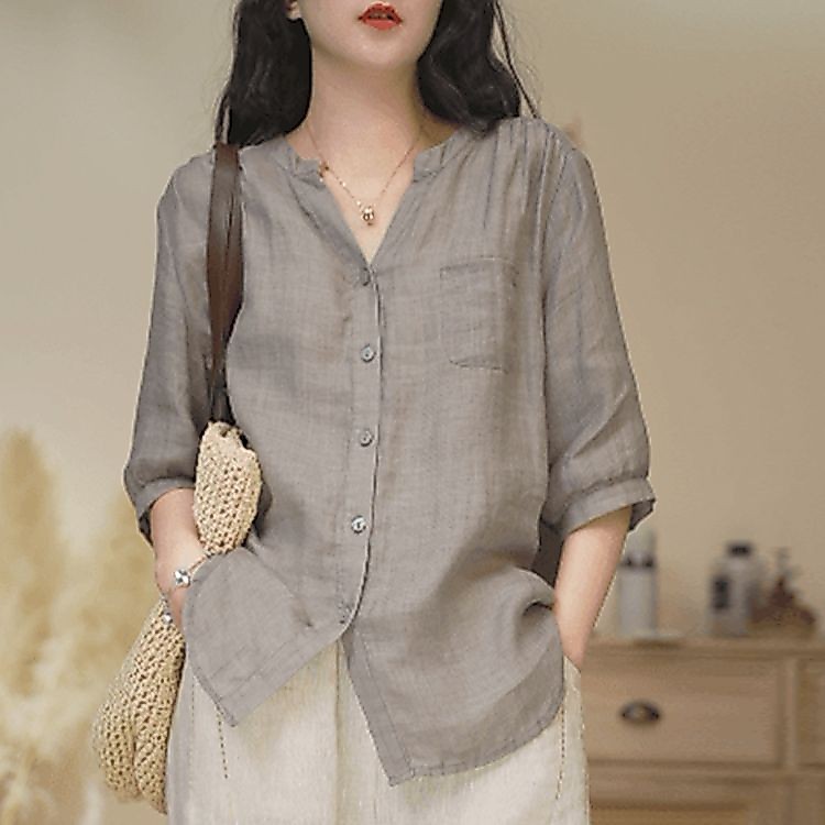 หลวมขนาดใหญ่ด้านบนสไตล์มินิมอลสีทึบคอวีสิ่งทอลายทแยง รามี เสื้อผู้หญิงห้าจุดกลางแขนเสื้อสไตล์ตะวันตกเสื้อตัวเล็ก 4.4