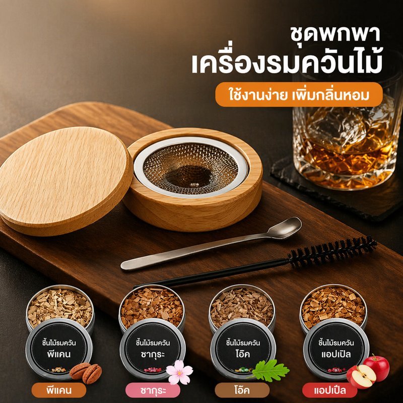 ชุดค็อกเทลรมควัน ครบชุด Whiskey Smoker Kit ชิปไม้ ที่กรองควัน เครื่องมือทำเครื่องดื่มสไตล์บาร์เทนเดอร์
