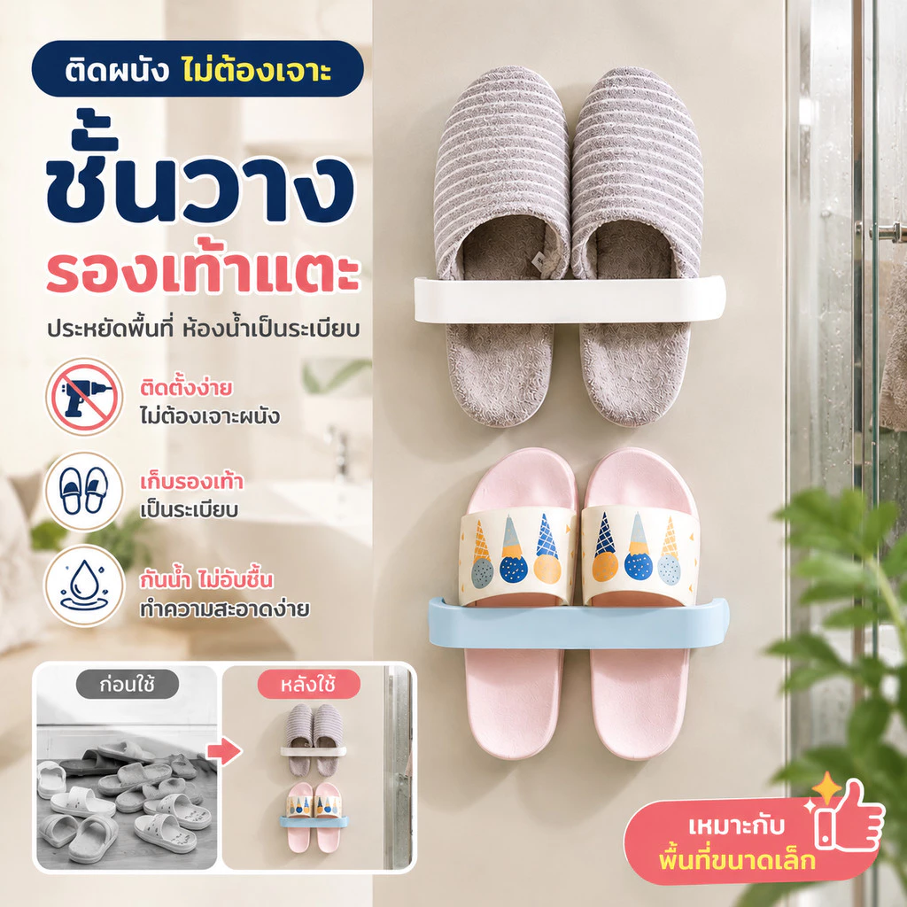🌈พร้อมส่งในไทย🌈ชั้นวางรองเท้าแบบติดผนัง ไม่ต้องเจาะ กันน้ำ สไตล์ญี่ปุ่นเรียบง่าย ใช้ได้ทั้งห้องน้ำและห้องนั่งเล่น