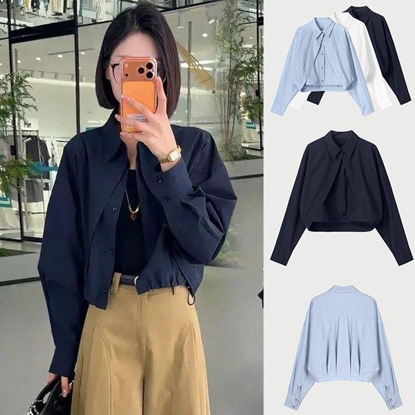 [พร้อมจัดส่ง]เสื้อเชิ้ตแขนยาวสีฟ้าอ่อนไซส์ใหญ่สำหรับผู้หญิง ดีไซน์แบบสองชิ้นเทียม เหมาะสำหรับหลายโอกาส สไตล์ลำลอง#W752