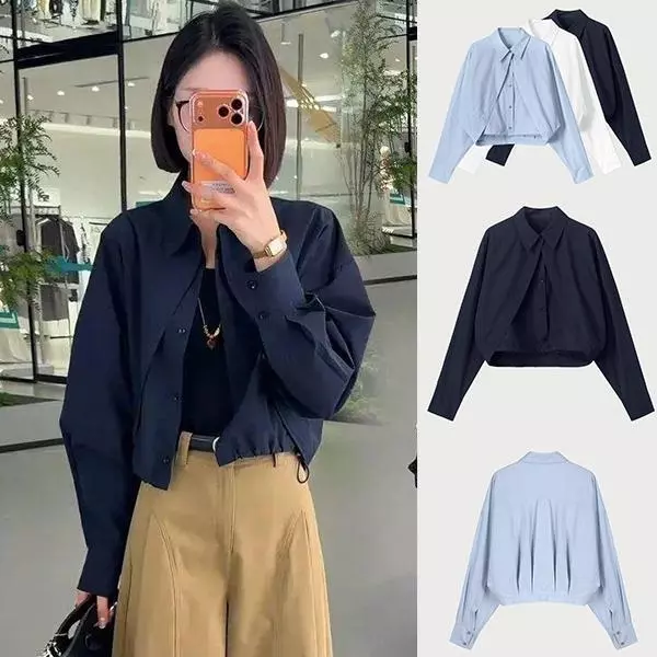 [พร้อมจัดส่ง]เสื้อเชิ้ตแขนยาวสีฟ้าอ่อนไซส์ใหญ่สำหรับผู้หญิง ดีไซน์แบบสองชิ้นเทียม เหมาะสำหรับหลายโอกาส สไตล์ลำลอง#W752