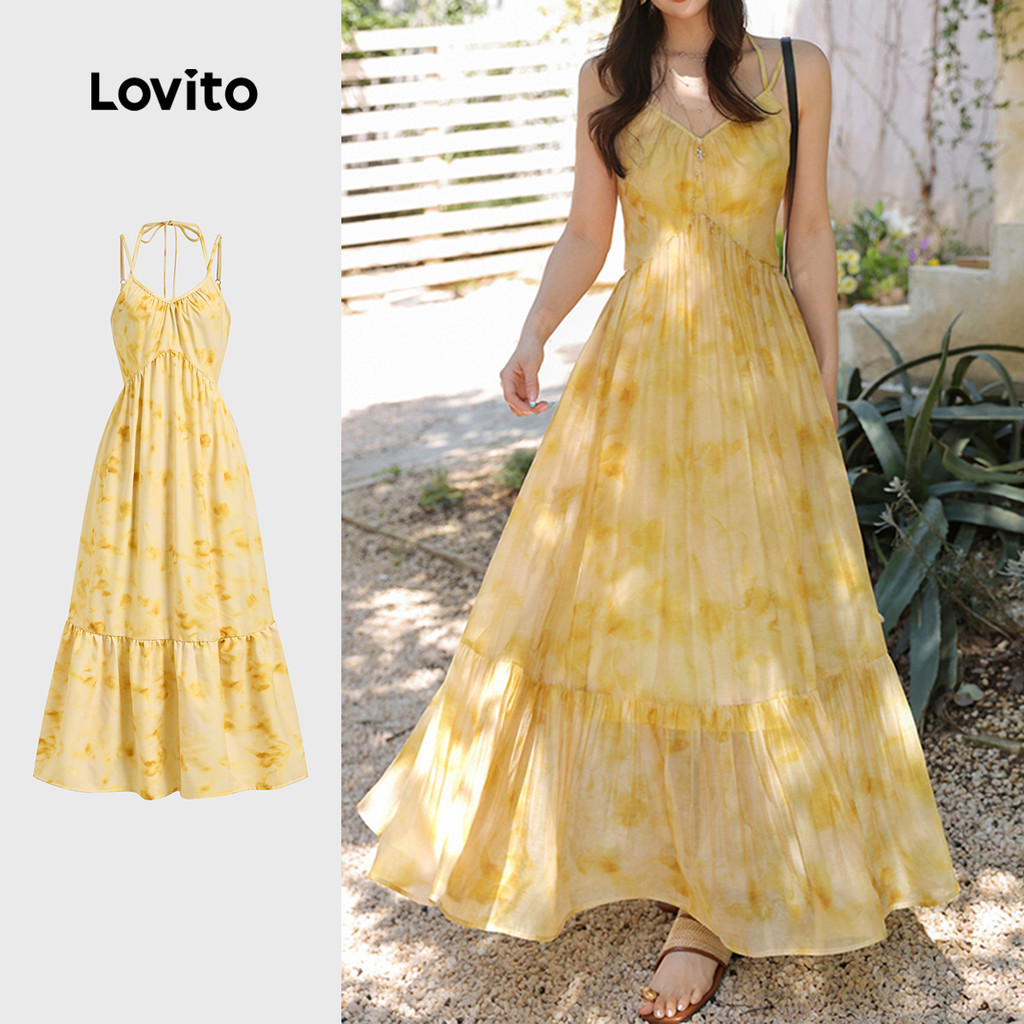 (โบโฮ) Lovito ชุดเดรสโบฮี่ซิปซีทรูฤดูใบไม้ผลิ/ฤดูร้อน สีเหลือง สำหรับผู้หญิง L142LD169