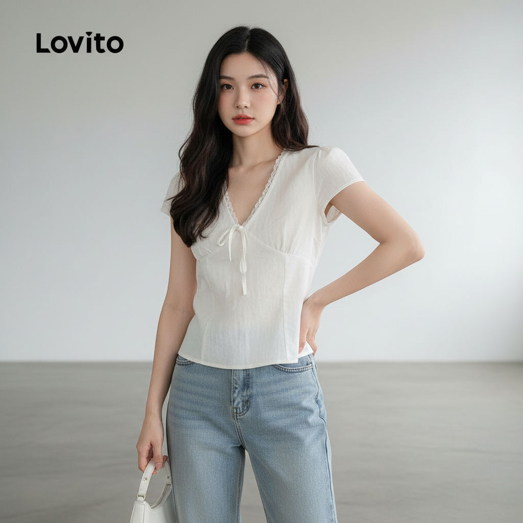 Lovito แคชชวล เสื้อบลাউส์ลายลูกไม้ แขนกุด ลายลูกไม้ เปิดกล้าม แขนกุด สปริง/ซัมเมอร์ สีขาวออฟไวท์ สำหรับสุภาพสตรี L156AD144
