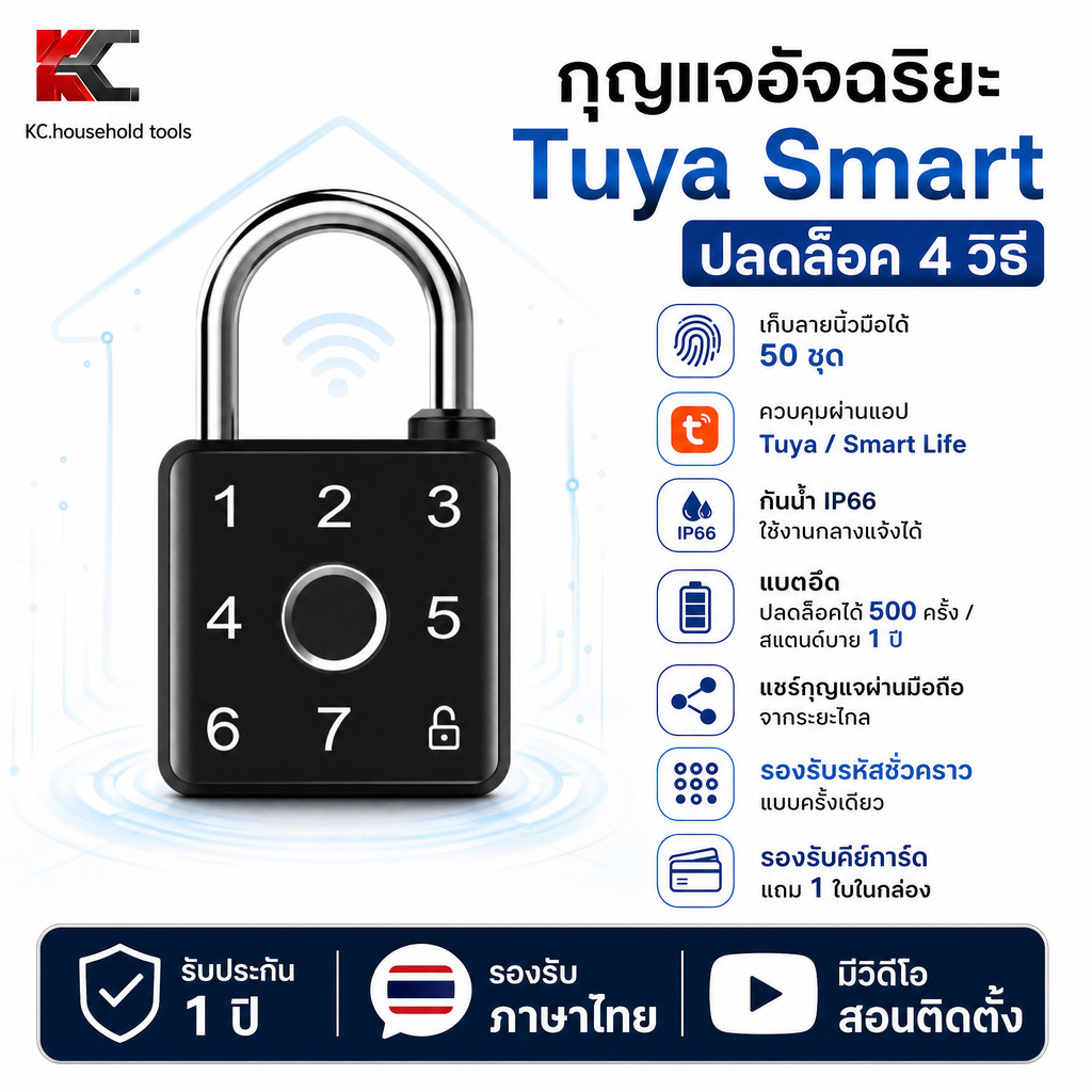 Tuya กุญแจอัจฉริยะ IPX6 กันน้ำ ปลดล็อคหลายวิธี เก็บลายนิ้วมือ 50 รายการ ใช้ได้ทั้งในบ้านและนอกบ้าน พร้อมรับประกัน 1 ปี