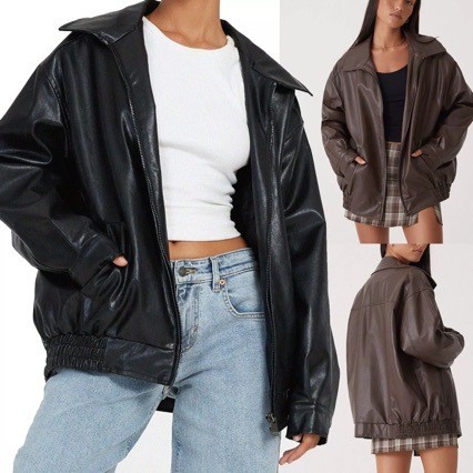 เสื้อแจ็คเก็ตหนัง Biker Top Profile Lapel Elastic Hem Zipper Pu