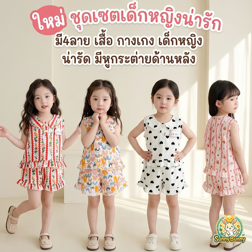 sunny_bunny ชุดเซตเด็กหญิงน่ารัก มี4ลาย เสื้อ กางเกง เด็กหญิง น่ารัด มีหูกระต่ายด้านหลัง และติดกระต่ายที่อก