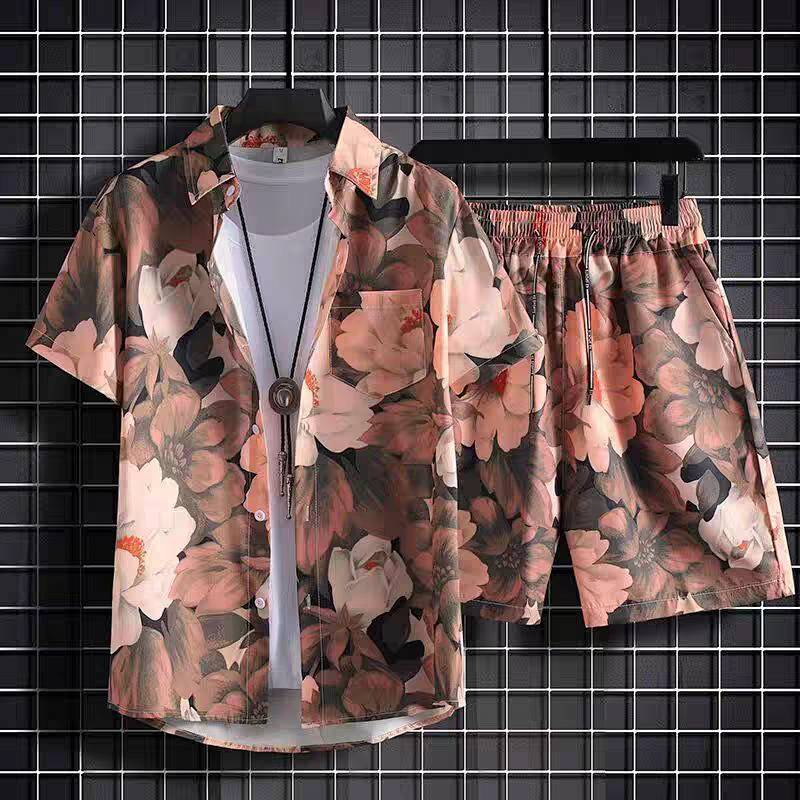 Men's Summer Thin Loose Short Sleeve Floral Shirt Hawaiian Couple Beachwear Suit dFdR