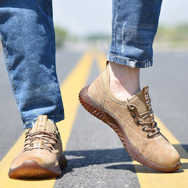 ใหม่ Steel Toe Cap Men ความปลอดภัยรองเท้าทํางานรองเท้าผ้าใบน้ําหนักเบาหนัง Man รองเท้าทําลายรองเท้าท
