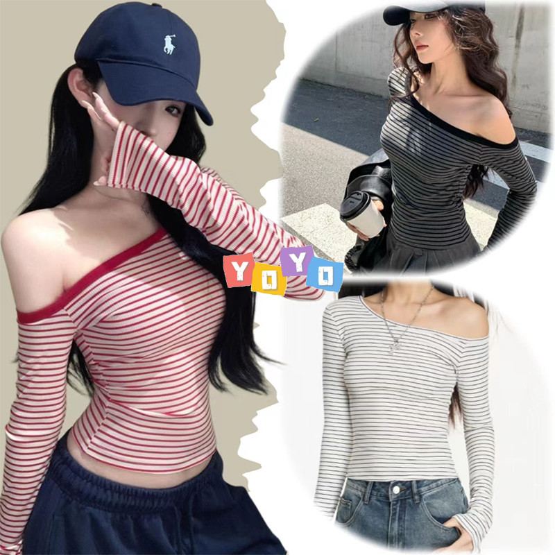 YOYO พร้อมส่ง🌈เสื้อไหล่เดียวเซ็กซี่🌈เสื้อยืดแขนยาวผู้หญิง แถบ เสื้อรัดรูปเปิดไหล่สไตล์เกาหลี crop top ทรงเข้ารูป Y2K