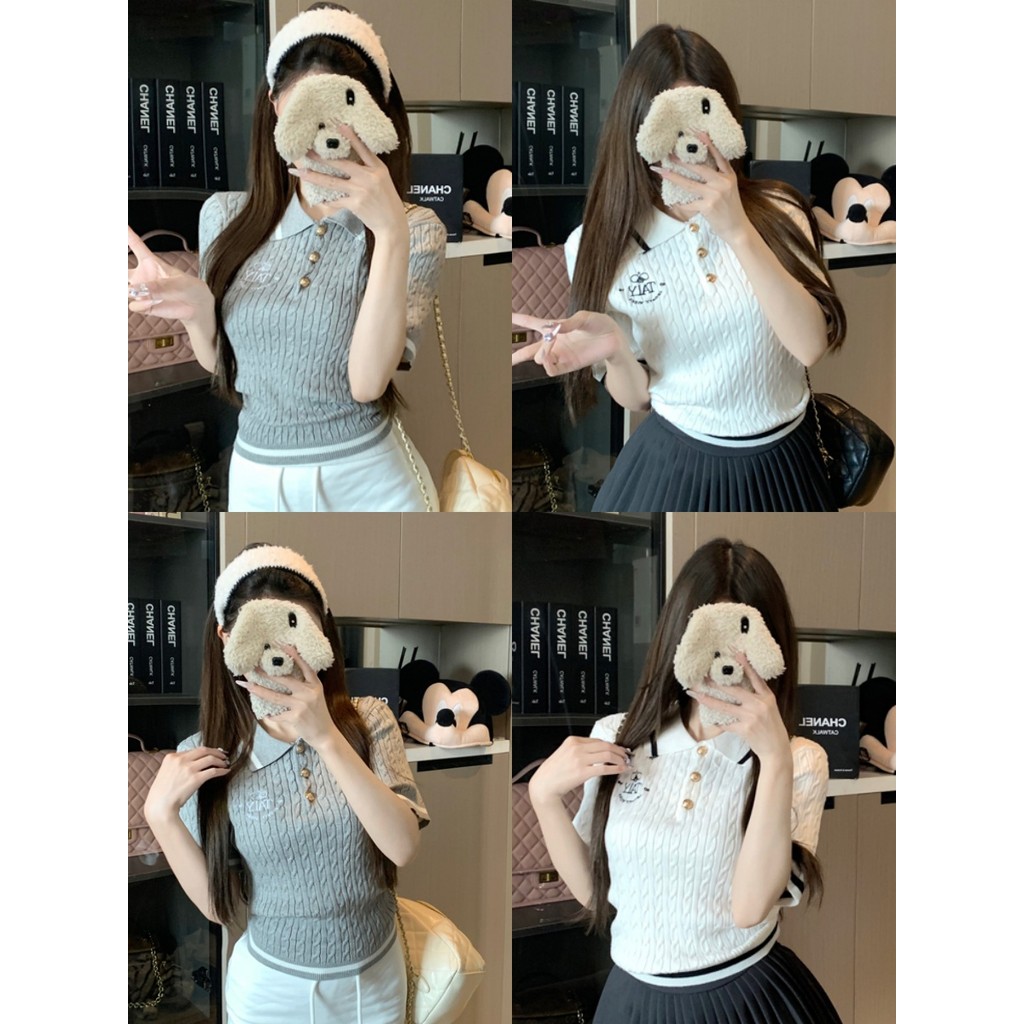 🍄Moxie🍄เสื้อแขนสั้น ยืดพอดี ผ้าใส่สบาย คอปก ผู้หญิง สีพาสเทล🌞เสื้อไหมพรมแขนสั้น ส่งไวจากไทย สไตล์ลำลอง แฟชั่น