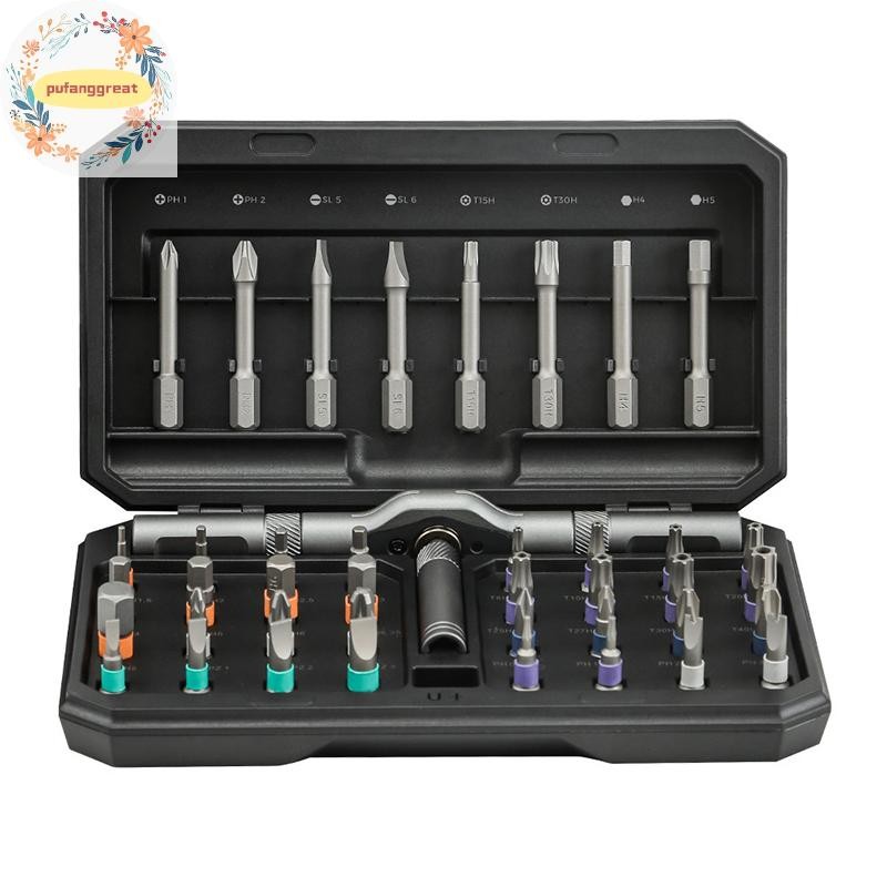Pufanggreat 42 In 1 ไขควงวงล้อแม่เหล็กชุดที่ถอดออกได้ T-Handle Magneticizer ไขควงแรงบิดมัลติฟังก์ชั่น DIY Too TH