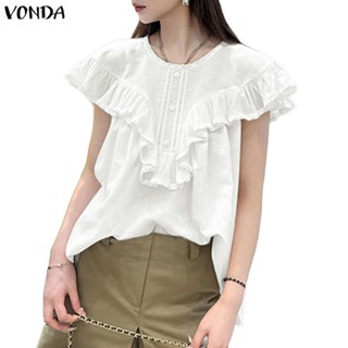 VONDA เกาหลีสบายๆรอบคอ Ruffle หลวมแขนสั้น Splicing รายละเอีย…
