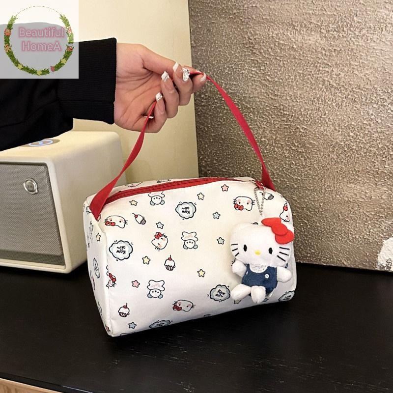 BHome Kawaii HelloKitty อะนิเมะกระเป๋าเครื่องสําอางผู้หญิงแต่งหน้าแบบพกพากระเป๋าแป้งขนาดใหญ่ความจุกร