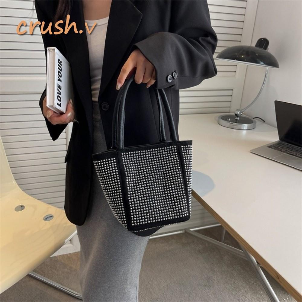 [CRUSH] กระเป๋าสะพายไหล่, PU Sparkling Bucket Handbag, Fashion Design Square Rhinestone Tote Bag สํา