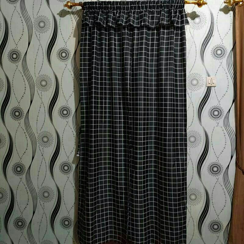 Aesthetic Monochrome Black Check Drawstring Curtain ขนาด 100x200cm