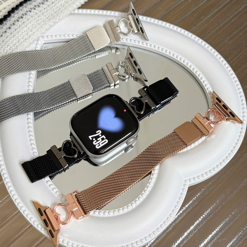 รัก ประกบกัน โลหะสายแม่เหล็กสําหรับ ฉันดู ชุด iwatch Series 11 10 9 8 7 6 5 SE 4 3 2  42มม.44มม.41มม.45มม.40มม.46มม.น่ารักหวานโลหะบางสายรัดข้อมือสําหรับ เสี่ยวหมี่ เอ็นเอฟซี xiaomi NFC 10 9 8 Pro 7 6 5