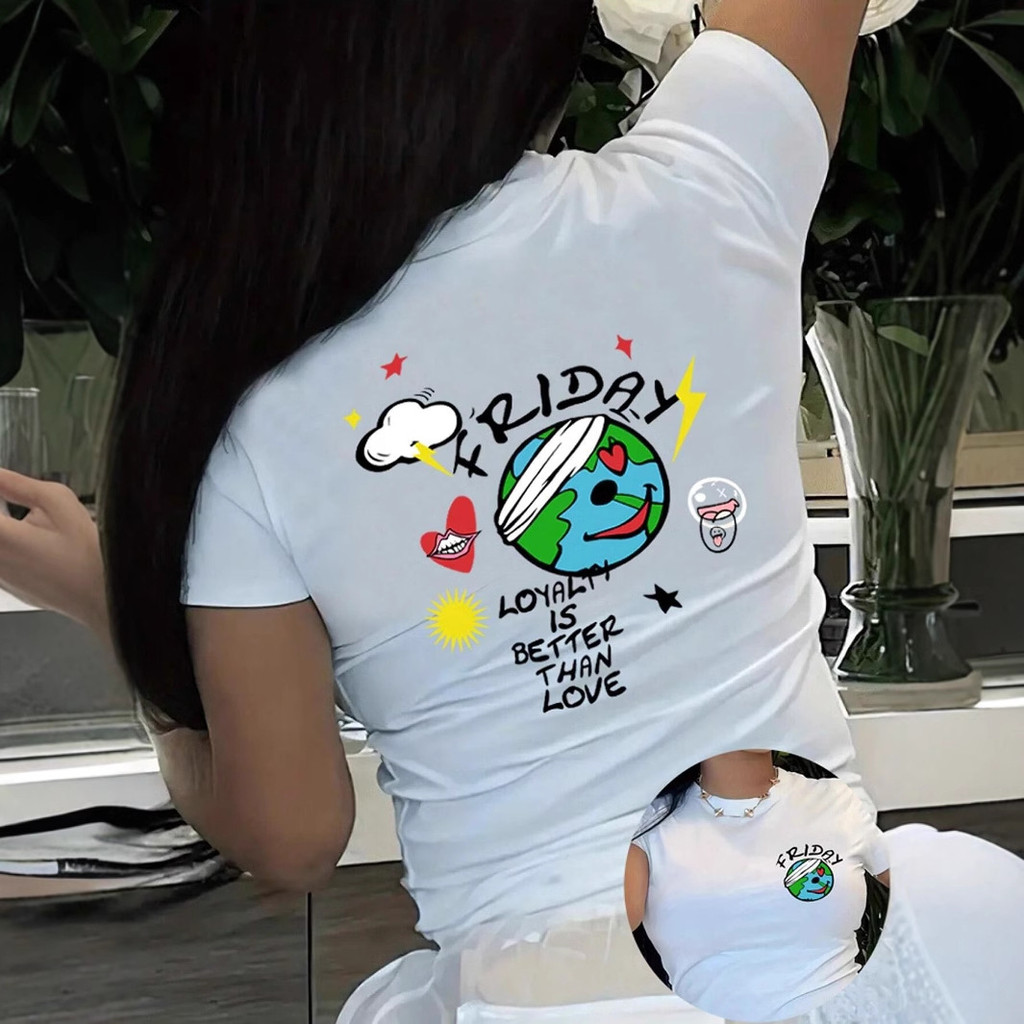 ขายร้อนผู้หญิง All-match ใหม่เสื้อยืดแขนสั้น Casual 2025NEW รอบคอ 2025 การ์ตูน 23 พิมพ์ Cross-border