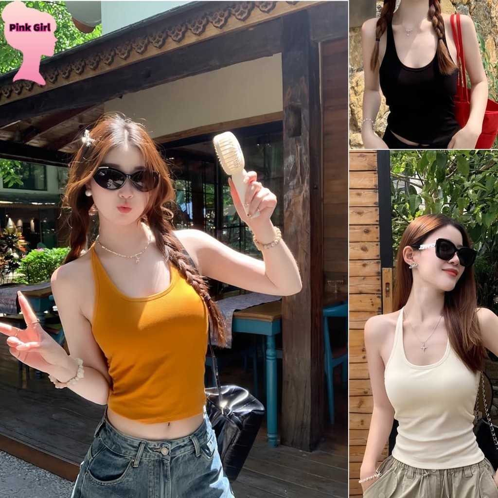 Pink girl ​Sept เสื้อกล้ามเสริมฟองน้ำในตัว สีสดใสยืดพอดีตัวน่ารักๆ ผ้าร่องเล็ก สไตล์ลำลอง' FY3575