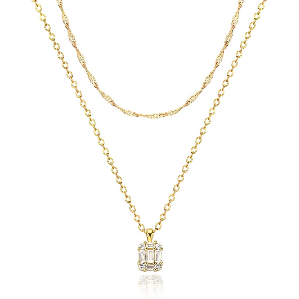 Zeffy สร้อยคอมรกวมพลอย CZ สำหรับผู้หญิง, ออกแบบเรียบหรูเคลือบทอง 18K มีลายละเอียดซ้อนเป็นของขวัญเครื