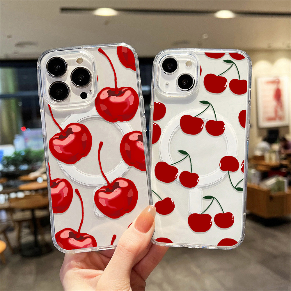 กล่องโทรศัพท์แม่เหล็ก For iPhone 16 13 11 12 14 15 Pro Max เคสใสกันกระแทกเคสโทรศัพท์แม่เหล็ก เคสเชอร์รี่น่ารัก