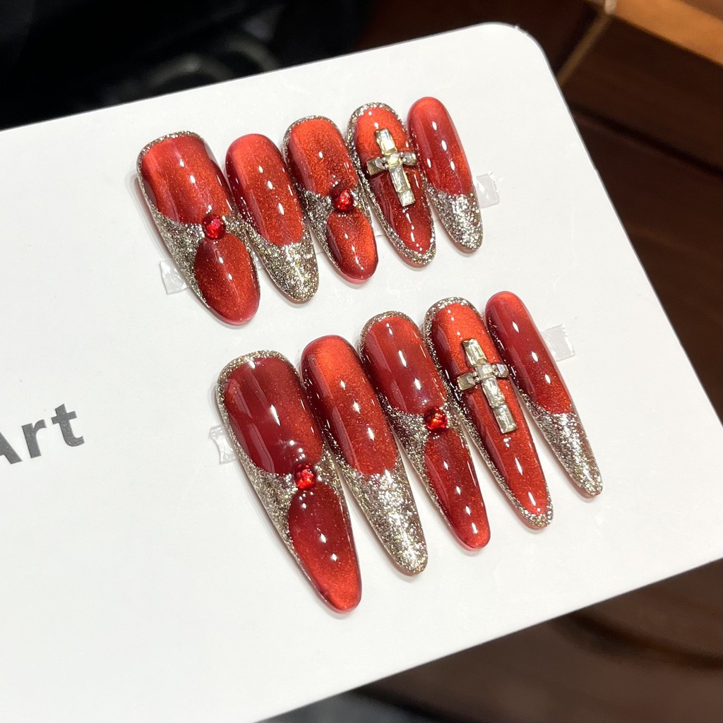 [Dancome] Handmade Nail Wearing Atmosphere Feel Red Cats Eye Cherries Red Champagne Gold Diamond K9 