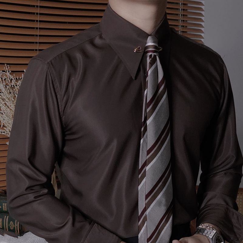 CHAT Imperial Collar CoffeeสีทึบSlim-Fitเสื้อแขนยาวชายอังกฤษธุรกิจสีดําNon-iron Premiumเสื้อ 9.24