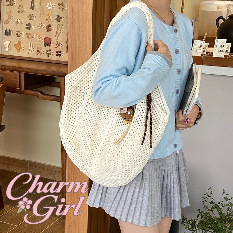 กระเป๋าสะพายข้าง ผ้าตาข่าย ดีไซน์แบบทอ สีพื้น สไตล์เกาหลี แฟชั่น กระเป๋าผู้หญิง มีหลายสีให้เลือก