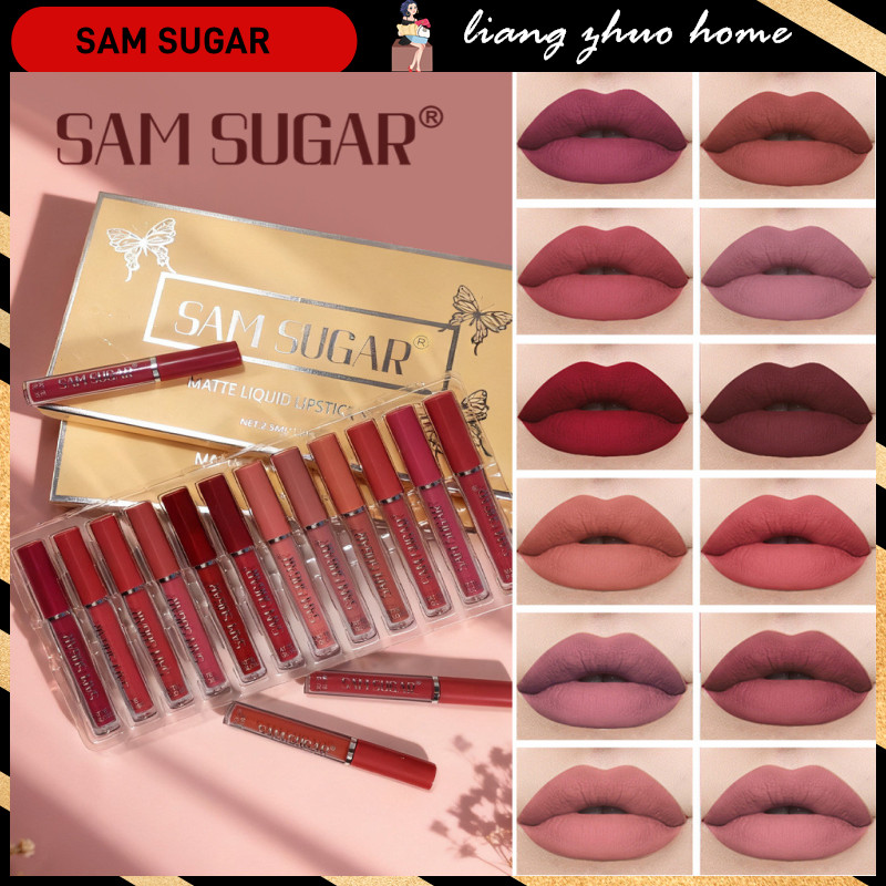 SAM SUGAR 12 ชิ้น/กล่อง Velvet Matte Lip Gloss ชุดกันน้ํา Non-Stick Cup Lip Glaze Smudge Proof ไม่ซีดจางความงาม Red Nude Liquid ลิปสติกชุด