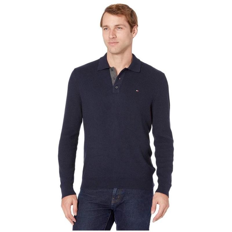 เสื้อโปโลผู้ชายแขนยาว Tommy Hilfiger ผ้าฝ้ายแท้ระบายอากาศได้ดี สีทึบ