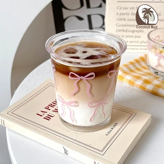 Home café แก้วน้ำแก้วกาแฟ ลายโบว์สีชมพู โปร่งใส แก้ว แก้วน้ำ แก้วกาแฟ สำหรับร้านกาแฟ