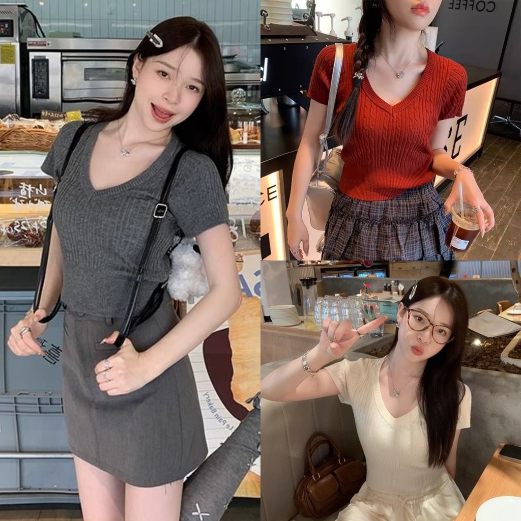 🍐ผ้าถักเสื้อท่อนบน ส่งจากไทย สีทึบ คอวี ผู้หญิง แฟชั่น สไตล์เกาหลี เสื้อครอป ผ้าใส่สบาย ยืดพอดีใส่ง่าย