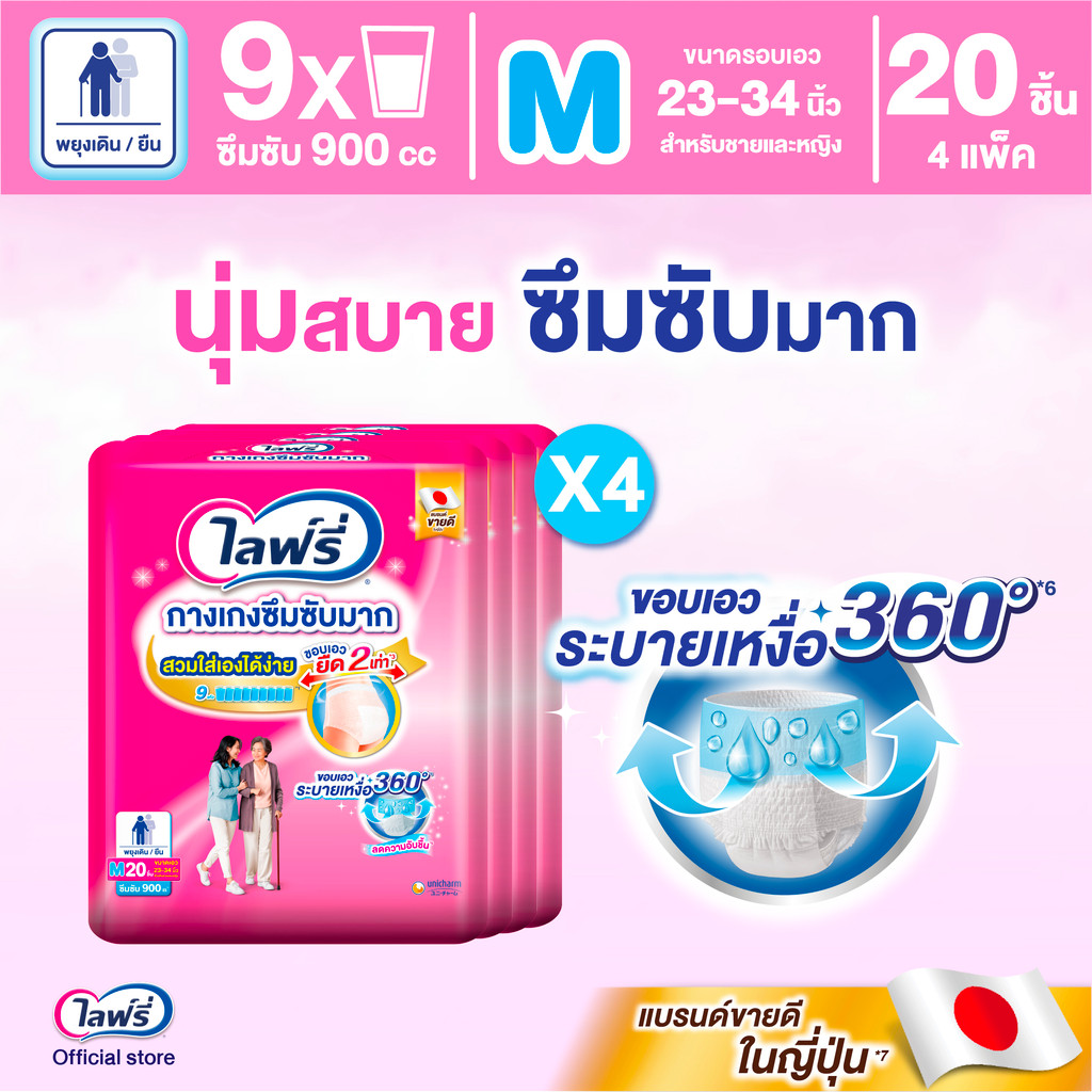 Lifree ไลฟ์รี่ ผ้าอ้อมผู้ใหญ่ กางเกงซึมซับมาก ไซส์ M 20 ชิ้น (1 ลัง 4 แพ็ค)