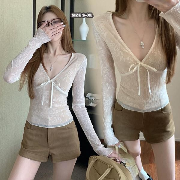 mimi&didi#เสื้อเบลาส์ ลูกไม้ คอวี สำหรับผู้หญิง แขนยาว ลูกไม้สีขาวโปร่งแสง เสื้อครอปทรงสลิมสไตล์เรโทร#W667