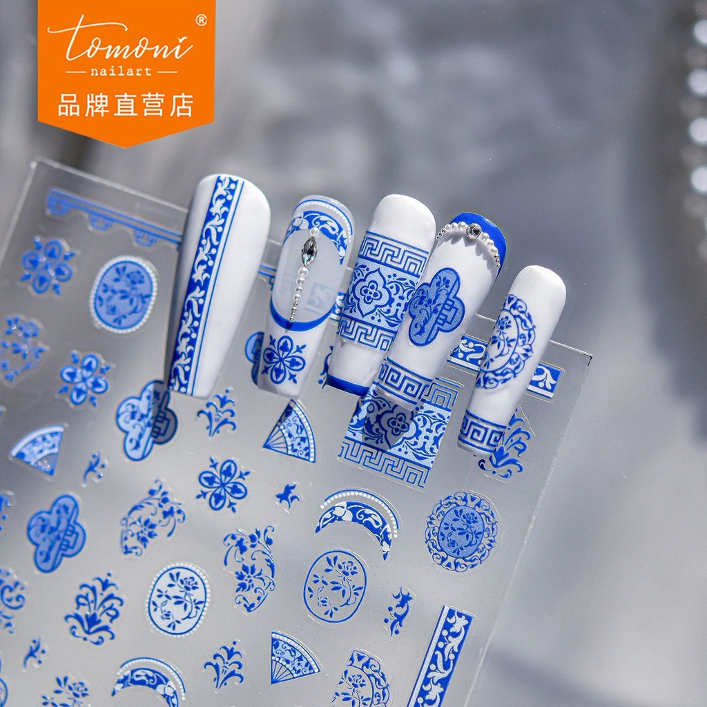 Tomoni Thin Tough สติกเกอร์แต่งเล็บ Retro ใหม่สไตล์จีนสติกเกอร์เล็บ Ultra-Thin Seamless Blue White Porcelain เครื่องประดับสติกเกอร์วัสดุ