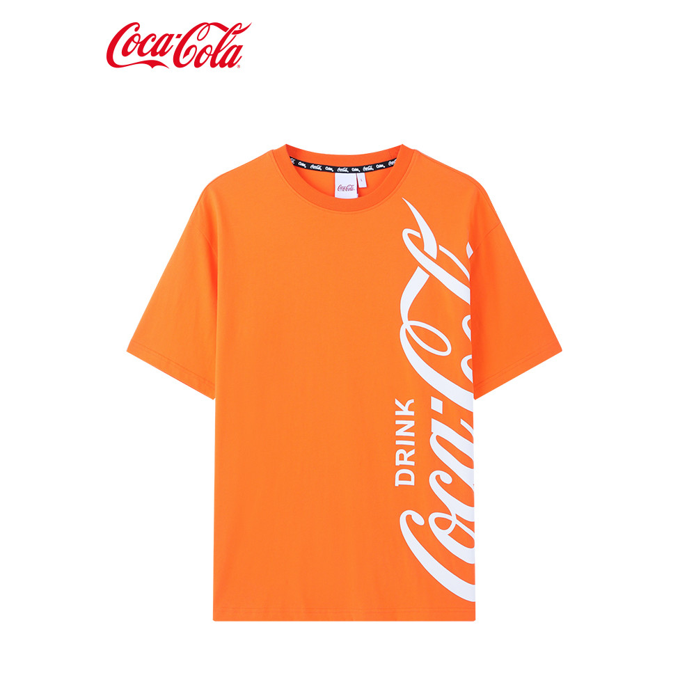 Coca-Cola Coca-Cola อย่างเป็นทางการแขนสั้นสีส้มโลโก้ใหญ่ผ้าฝ้ายแท้ลําลองหลวมคู่ Street สวมใส่เสื้อยื