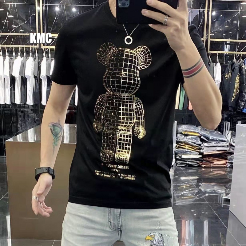 T เสื้อผู้ชาย Sequined หมีรุนแรง Breathable Cotton Bottoming เสื้อ DIA Unisex แขนสั้น Top