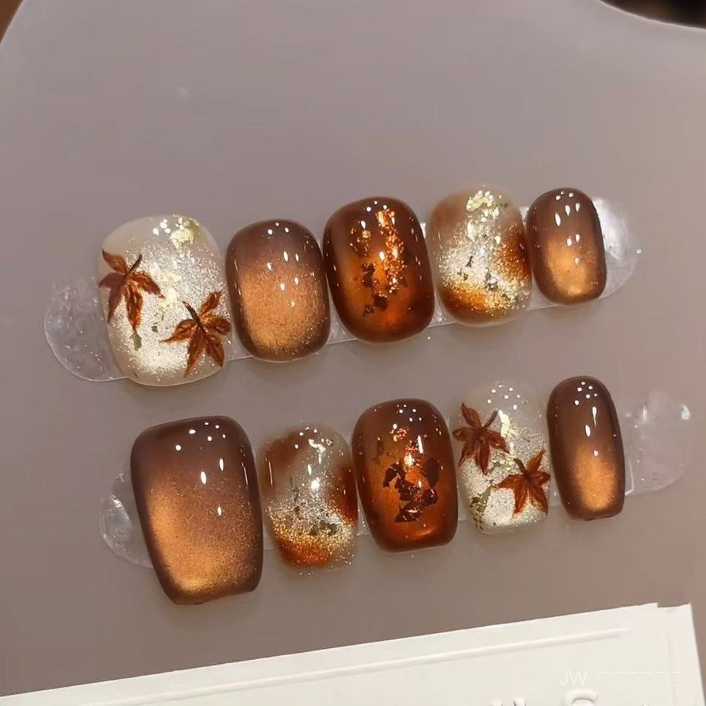 🔥🥮 กำลังฮิต! เล็บสไตล์ใบไม้ร่วง ลายเมลลาร์ดผสมตาแมว งานแฮนด์เมดละเอียด ใส่แล้วดูแพง by JWแถมฟรี! กาว+ตะไบ