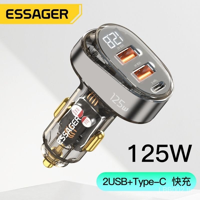 ESSAGER Sharp 125W Car Charger สามพอร์ตโปร่งใสดิจิตอลจอแสดงผล Car Charger PD65W รถ Fast Charger